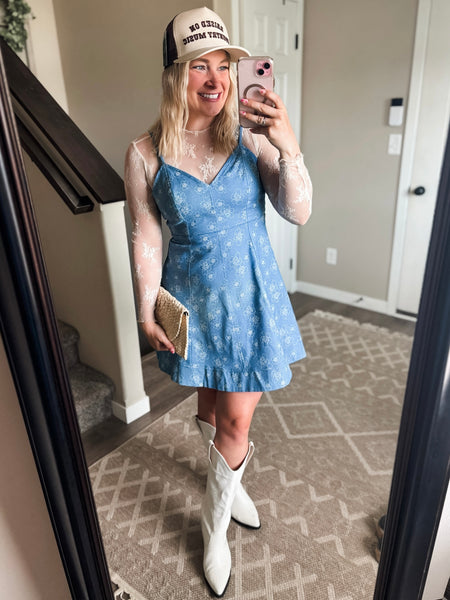 Denim Floral Cami Dress - Light Denim