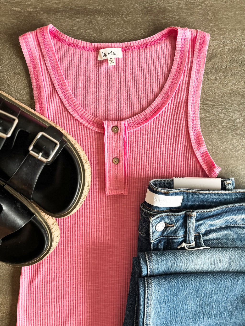 Nella Ribbed Button Tank - Light Pink