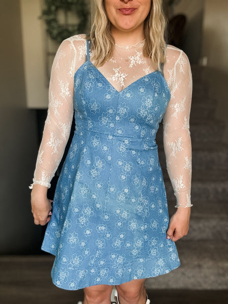 Denim Floral Cami Dress - Light Denim