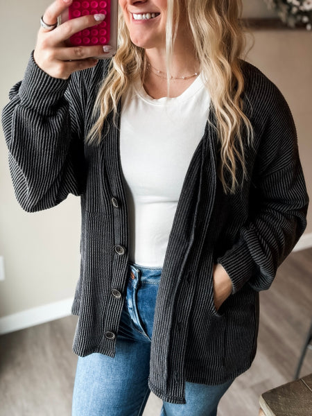 Perri Ribbed Cardigan - Charcoal - SIZE SMALL