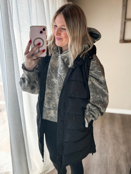 Brendi Black Long Puffer Vest - Black