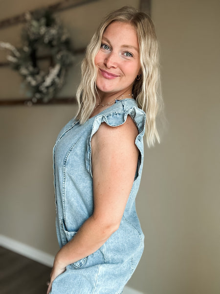 Juju Ruffle Denim Romper - Dark