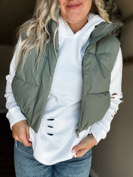 Brooklyn High Neck Cropped Puffer Vest - Olive