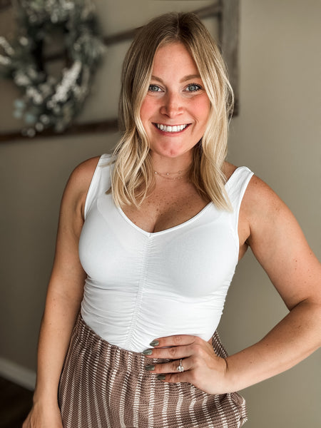Avie V Neck Shirred Top - White