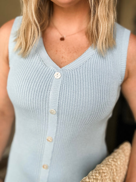 Button Front Rib Knit Midi Dress Slim Fit - Blue