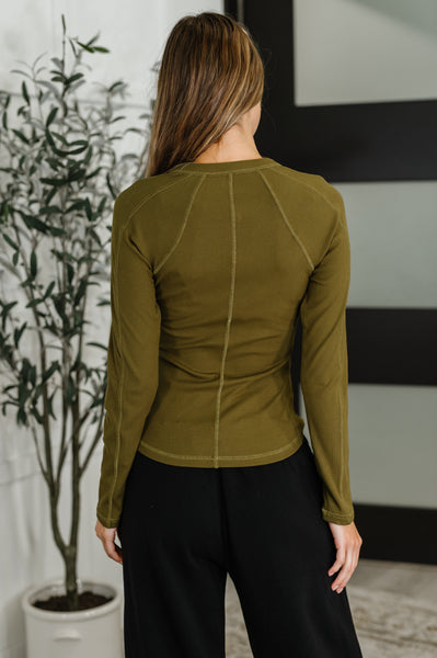 Effortless Edge Knit Henley Top in Camo Green