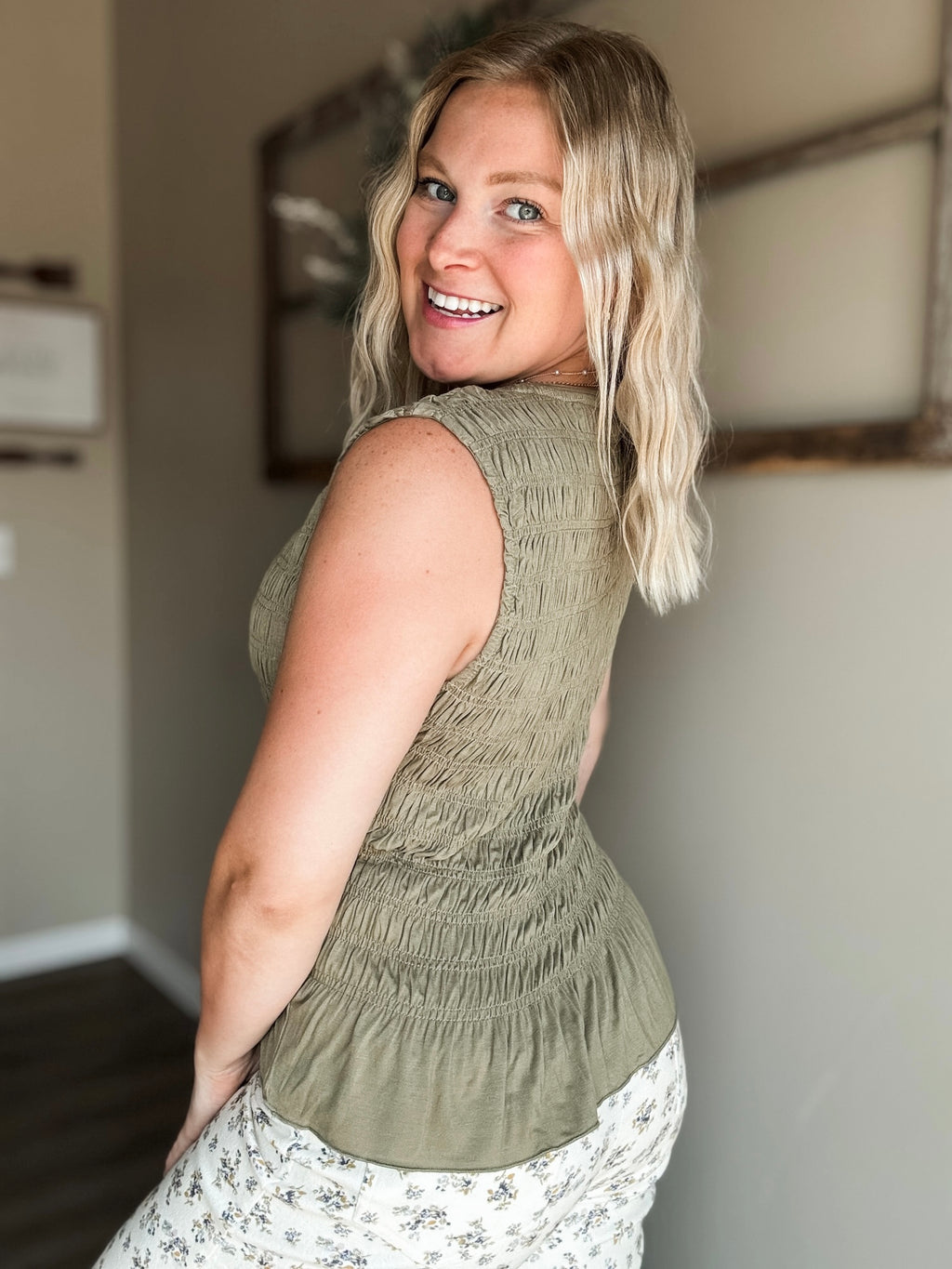 Bridgette Smocked Ruffle Hem Tank - Olive