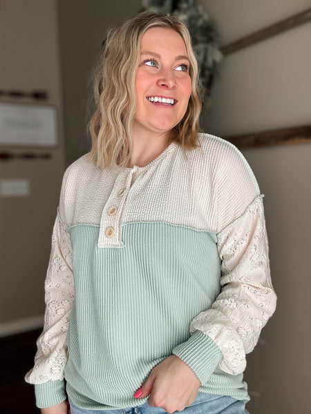 Tally Two Tone Ribbed Top - Sage