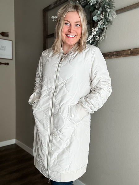 Berklee Long Quilted Bomber Jacket - Ivory