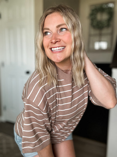 Karter Stripe Sweater Top - Taupe/White