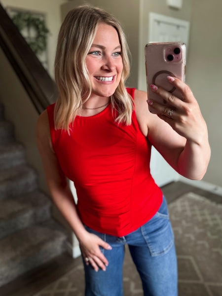 Ruched Side Sleeveless Knit Top - Red