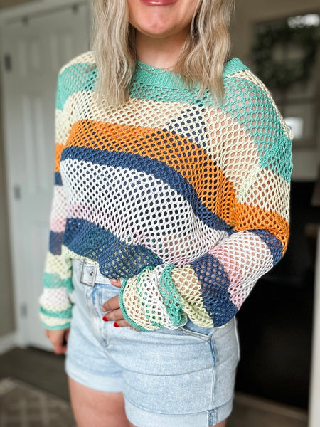 PREORDER Ocean Air Crochet Colorblock Sweater