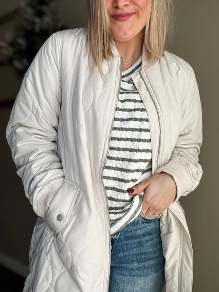 Berklee Long Quilted Bomber Jacket - Ivory