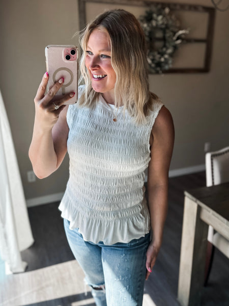 Bridgette Smocked Ruffle Hem Tank - White