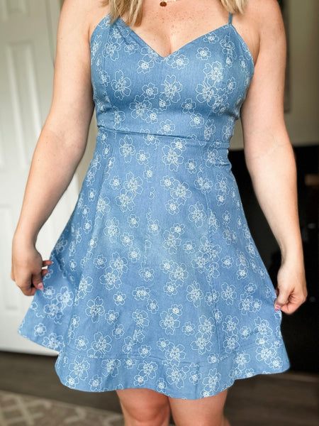 Denim Floral Cami Dress - Light Denim
