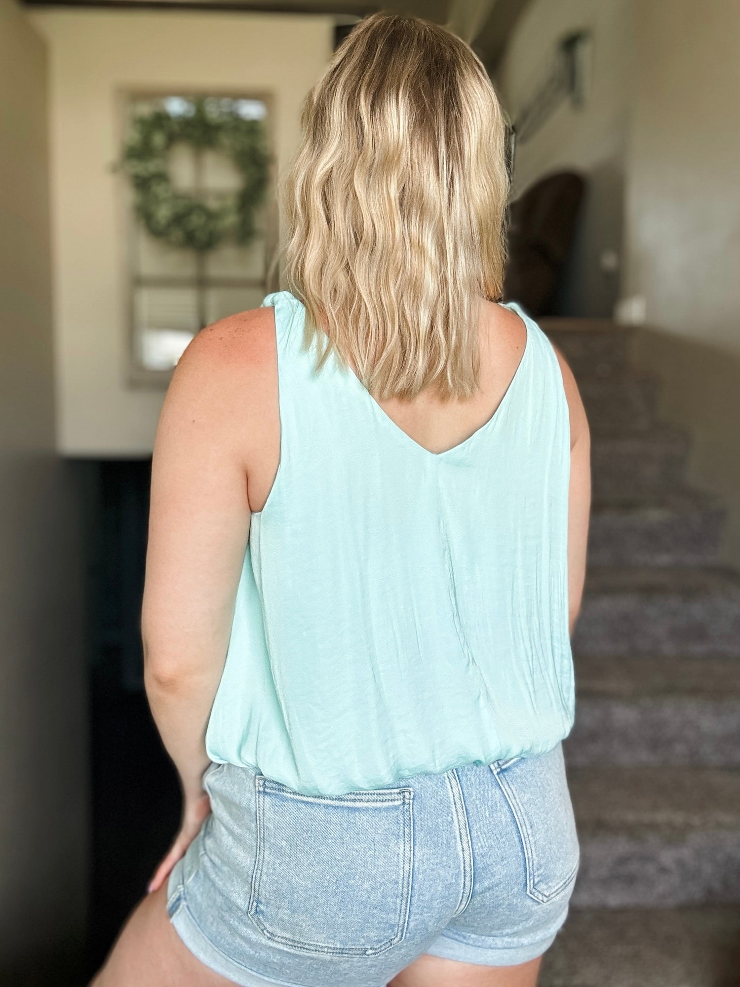 Zaria Billowy Strap Accent Tank - Aqua