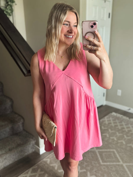 Sleeveless V Neck Mini Dress - Pink