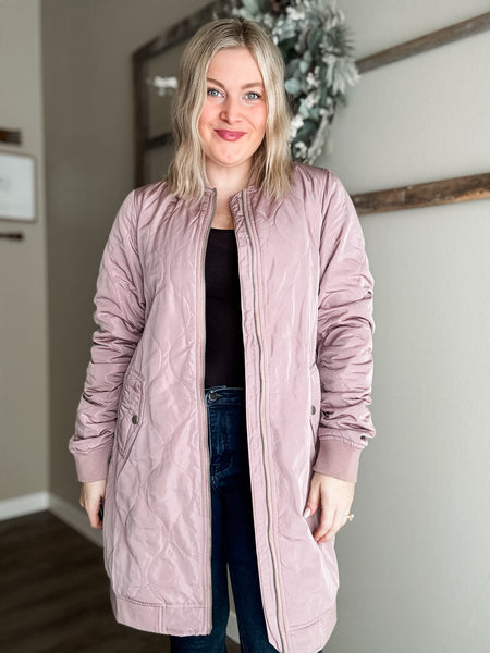 Berklee Long Quilted Bomber Jacket - Dusty Rose