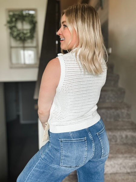 Open Knit Zip Collar Sleeveless Sweater - Ivory