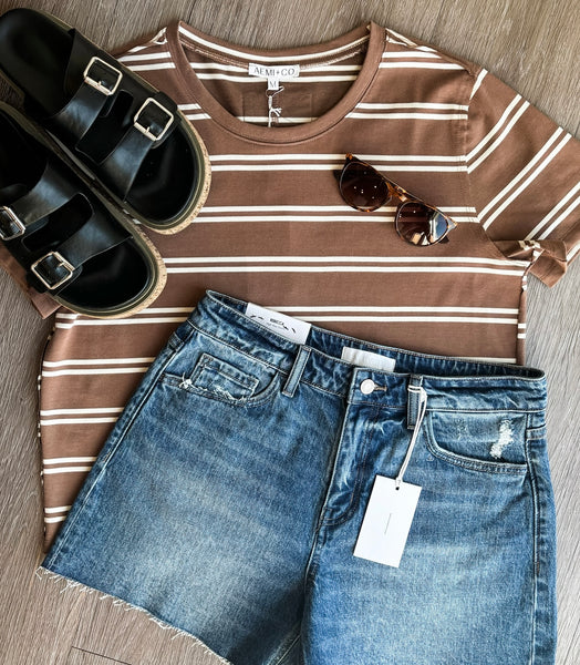 Laidback Striped Boxy Tee - Brown