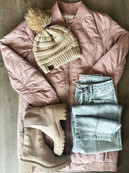 Berklee Long Quilted Bomber Jacket - Dusty Rose