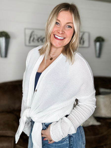 Hadlie Waffle Button Down Cardigan - White - SIZE SMALL