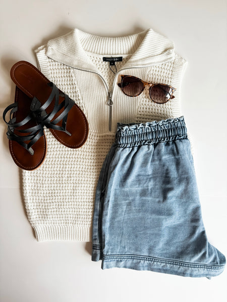 Open Knit Zip Collar Sleeveless Sweater - Ivory