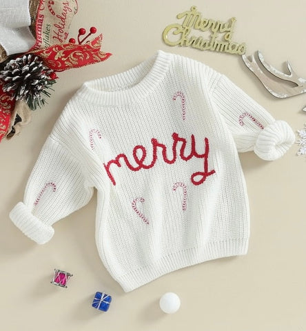 Merry Candy Cane Embroidered Sweater - White - SIZE 9-12M