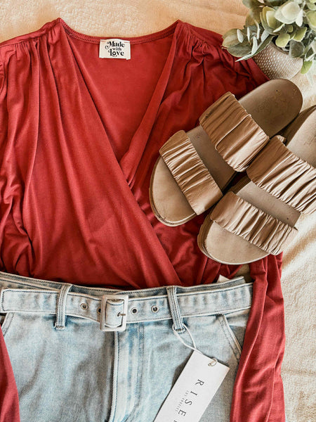 Nyra Surplice Bodysuit - Brick - SIZE SMALL