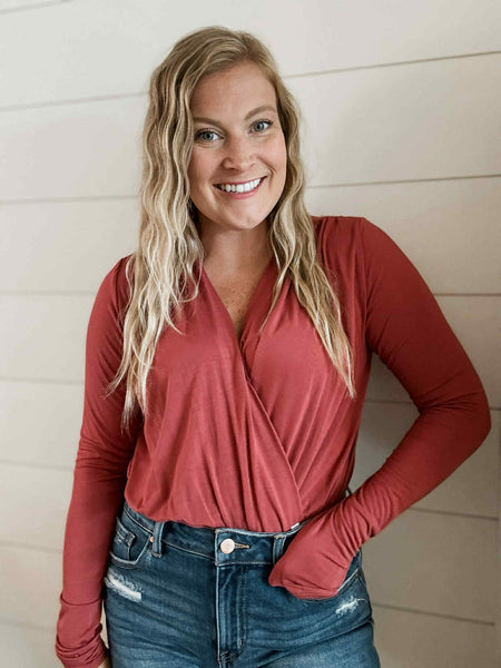 Nyra Surplice Bodysuit - Brick - SIZE SMALL