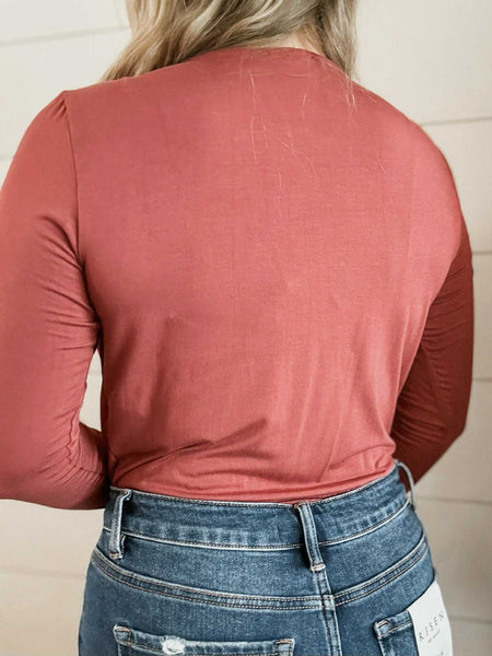 Nyra Surplice Bodysuit - Brick - SIZE SMALL