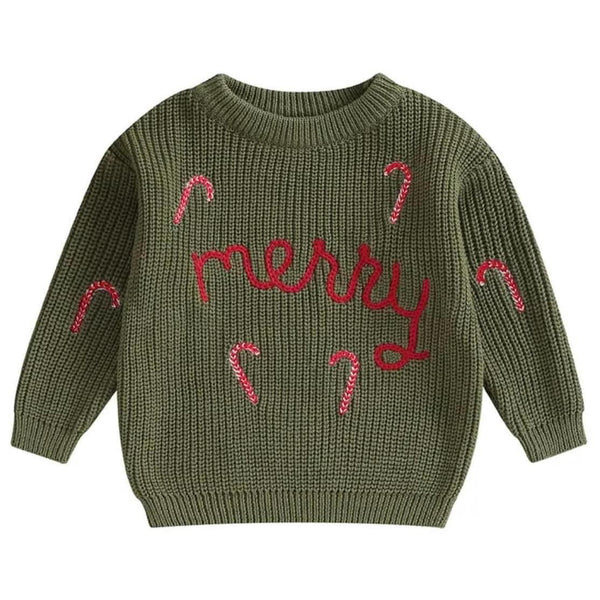 Merry Candy Cane Embroidered Sweater - White - SIZE 9/12 M