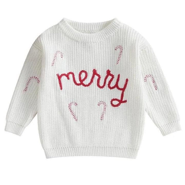 Merry Candy Cane Embroidered Sweater - White - SIZE 9/12 M