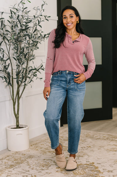 Talk to Me Long Sleeve Henley in Vintage Marsala - SIZE SMALL