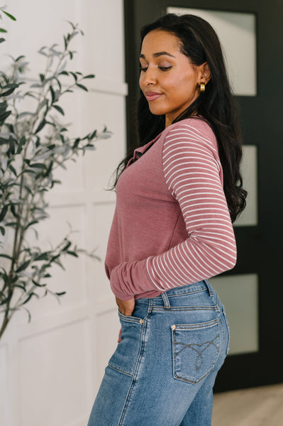 Talk to Me Long Sleeve Henley in Vintage Marsala - SIZE SMALL