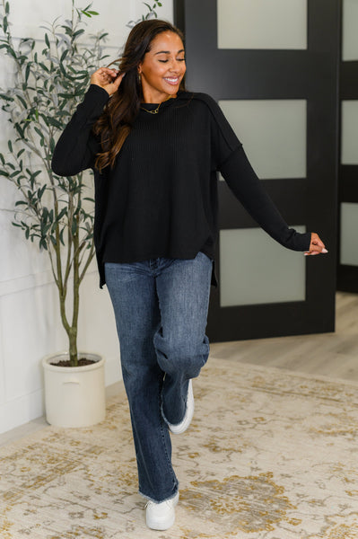 Wander & Rest Cable Ribbed Knit Drop Shoulder Top in Black - SIZE S/M