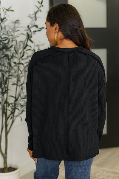 Wander & Rest Cable Ribbed Knit Drop Shoulder Top in Black - SIZE S/M