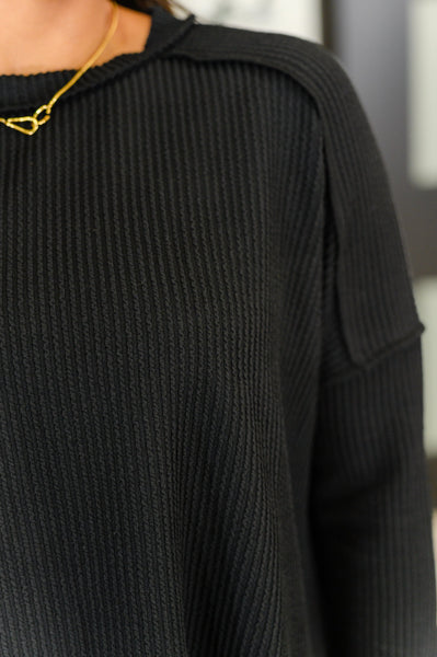 Wander & Rest Cable Ribbed Knit Drop Shoulder Top in Black - SIZE S/M