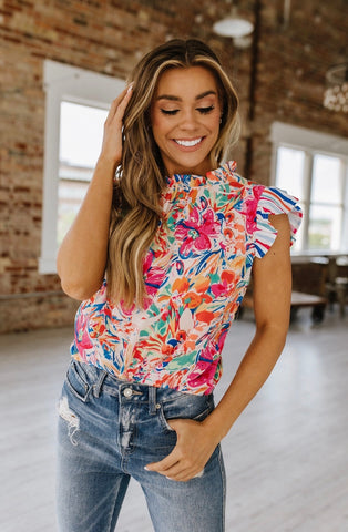 Leslie Floral Ruffle Sleeve Top - SIZE LARGE