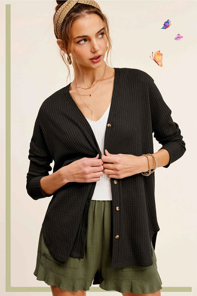 Hadlie Waffle Button Down Cardigan - Black