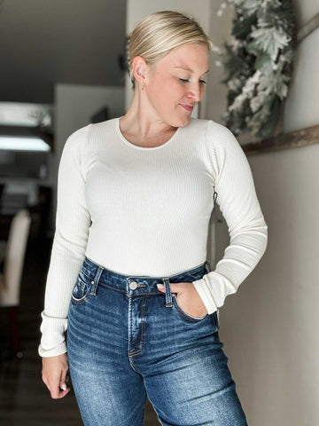 Juniper Long Sleeve Ribbed Bodysuit - Cream - SIZE LARGE