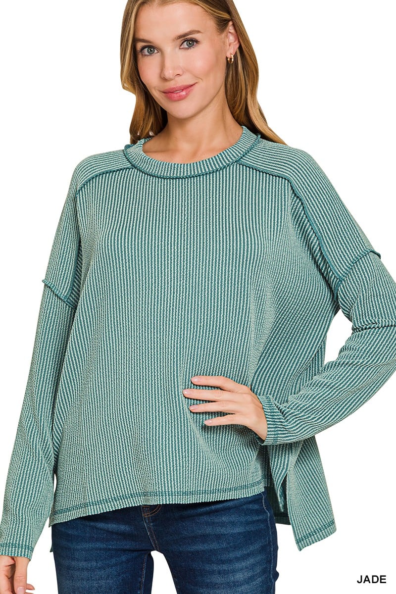 Wander & Rest Cable Ribbed Knit Drop Shoulder Top - Jade
