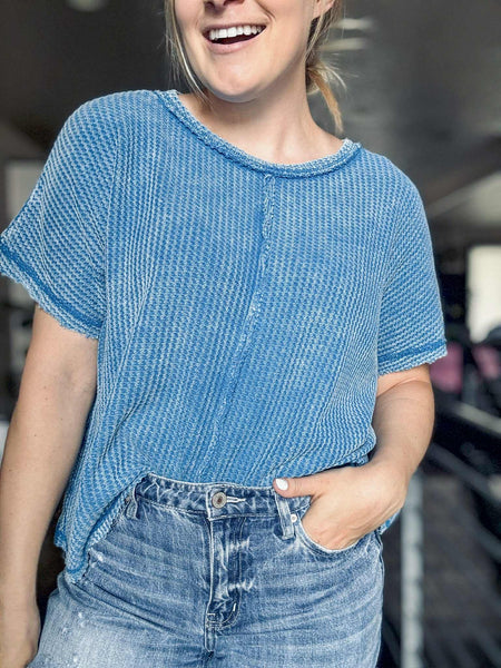 Greer Waffle Knit Top - Blue