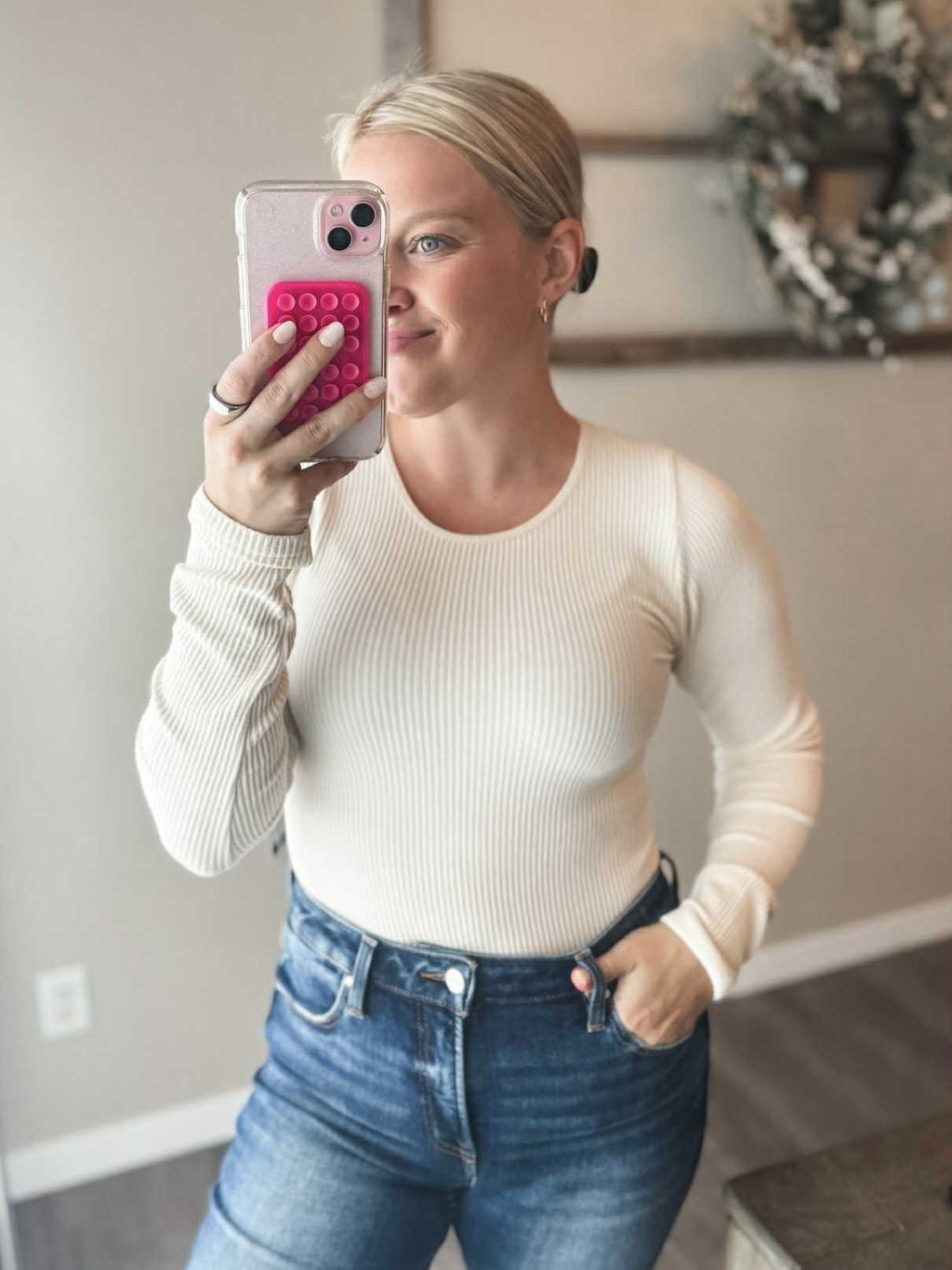 Juniper Long Sleeve Ribbed Bodysuit - Cream - SIZE LARGE