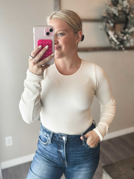 Juniper Long Sleeve Ribbed Bodysuit - Cream - SIZE LARGE