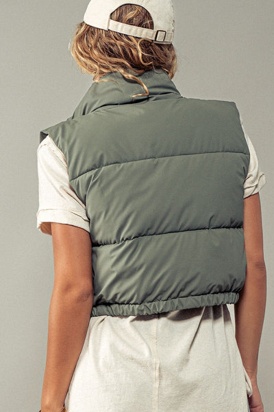 Brooklyn High Neck Cropped Puffer Vest - Olive