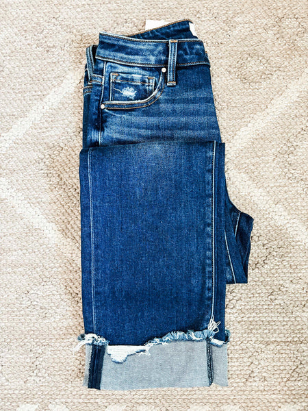 Presley High Rise Straight Cuffed Jeans - Dark Wash