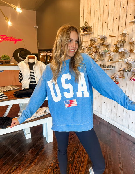 USA Flag Corded Crewneck Pullover