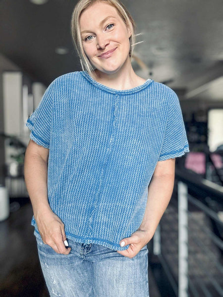 Greer Waffle Knit Top - Blue