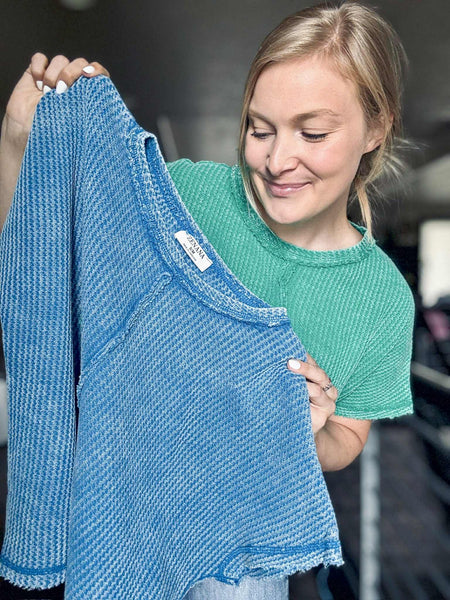 Greer Waffle Knit Top - Blue